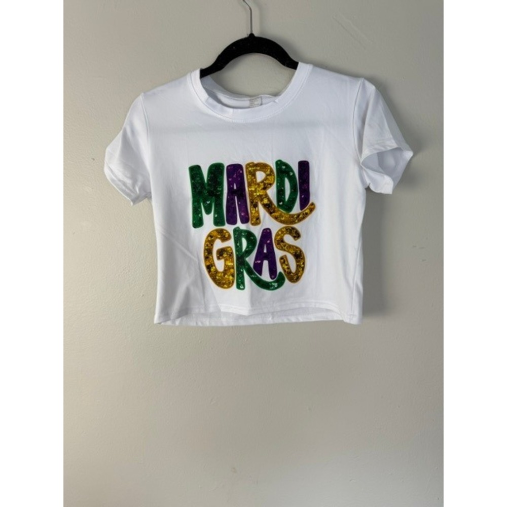 Mardi Gras Sequin Crop Top White Short Sleeve Festive New Orleans Tee Womens L